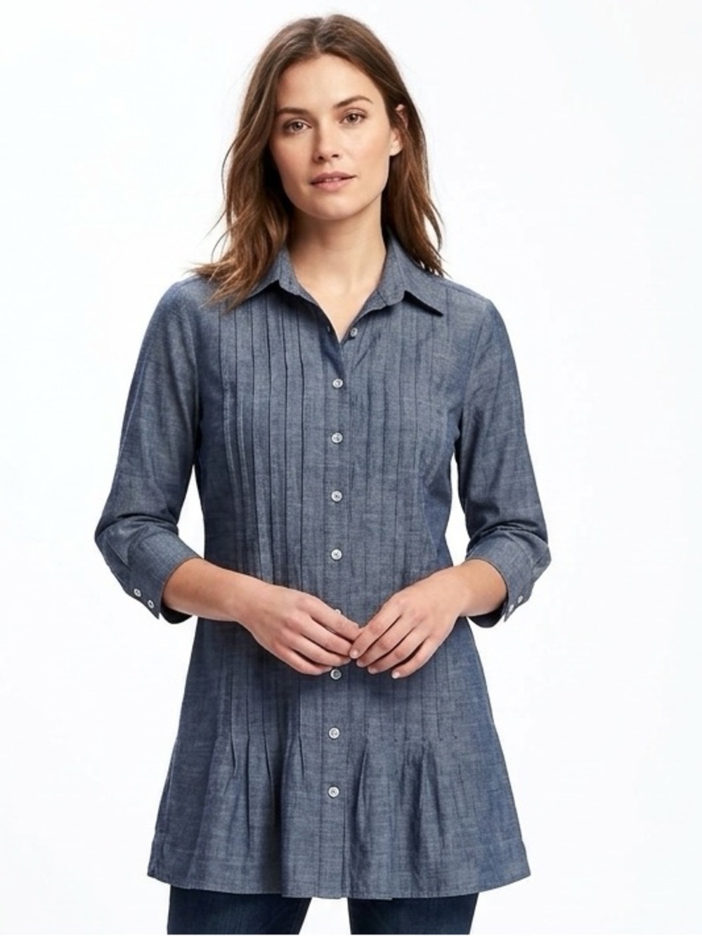 Finley Chambray Pintuck Button Tunic in Denim Blue Size S 100% Cotton